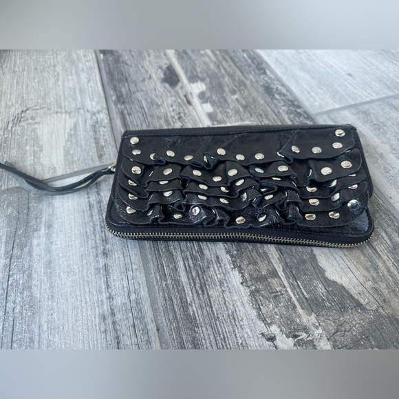 Susan Farber Y2K Leather Ruffle Studed Clutch or Crossbody Purse Black Boho - Picture 3 of 15